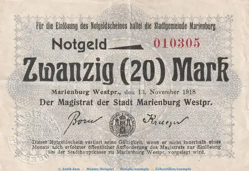 Banknote Marienburg , 20 Mark Schein in gbr.E , Geiger 347.03.c , 13.11.1918 , West Preussen Großnotgeld