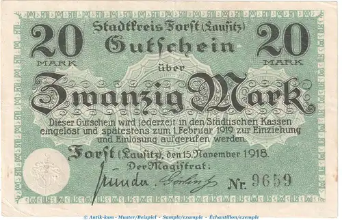 Notgeld Stadt Forst , 20 Mark Schein in gbr. Geiger 147.03.c von 1918 , Brandenburg Grossnotgeld