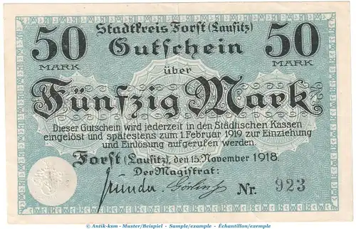 Notgeld Stadt Forst , 50 Mark Schein in gbr. Geiger 147.04.c von 1918 , Brandenburg Grossnotgeld