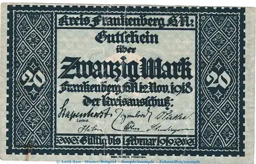 Notgeld Kreis Frankenberg , 20 Mark Schein in gbr. Geiger 148.01 von 1918,1922 , Hessen Grossnotgeld