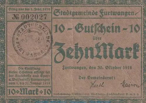 Notgeld Stadt Furtwangen , 10 Mark Schein in gbr.E Geiger 167.01 , 01.12.1918 , Baden Großnotgeld