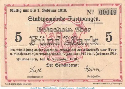 Notgeld Stadt Furtwangen , 5 Mark Schein in gbr.E Geiger 167.02 von 1918 , Baden Großnotgeld
