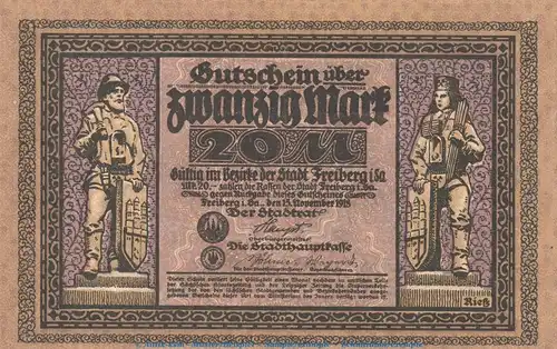 Freiberg , Notgeld 20 Mark -B,C- in kfr. Bühn 1753.3 , Sachsen 1918 Grossnotgeld