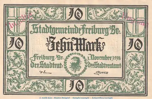 Notgeld Stadt Freiburg i.Br , 10 Mark Schein in kfr.E , Geiger 160.02.a von 1918 , Baden Grossnotgeld