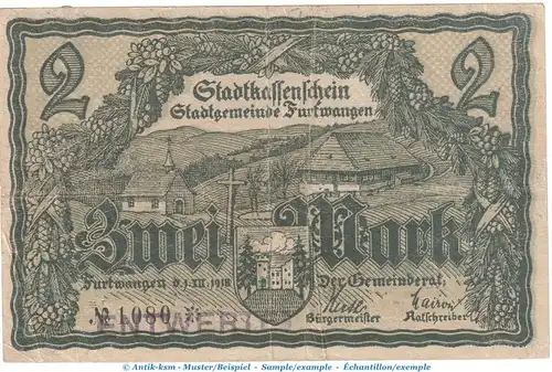 Notgeld Stadt Furtwangen , 2 Mark Schein in gbr.E , Geiger 167.05 von 1918 , Baden Grossnotgeld