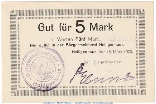 Notgeld Bürgermeisterei Heiligenhaus , 5 Mark Schein in kfr.E , Geiger 229.01 von 1920 , Rheinland Grossnotgeld