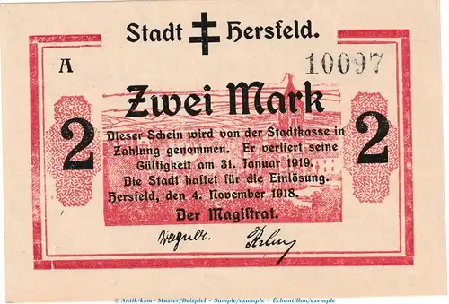 Notgeld Stadt Hersfeld , 2 Mark Schein in kfr. Geiger 231.02.b von 1918 , Hessen Grossnotgeld