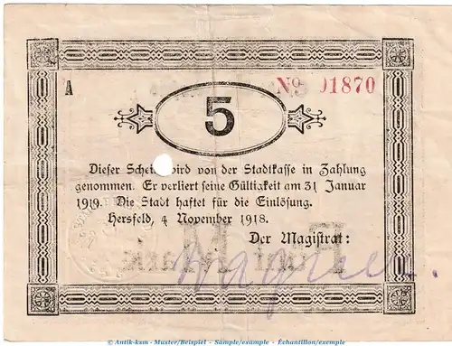 Notgeld Stadt Hersfeld , 5 Mark Schein in gbr.E , Geiger 231.04.a von 1918 , Hessen Grossnotgeld