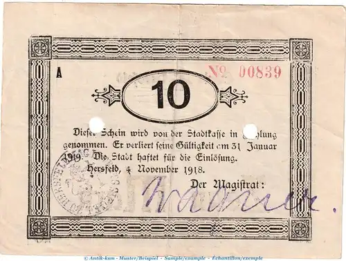 Notgeld Stadt Hersfeld , 10 Mark Schein in gbr.E , Geiger 231.05 von 1918 , Hessen Grossnotgeld