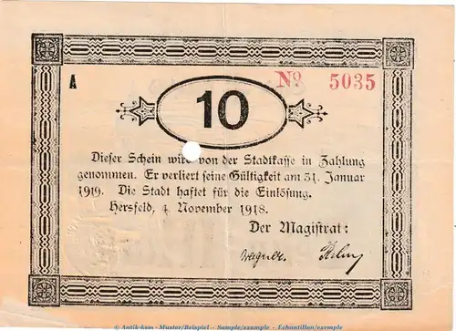 Notgeld Stadt Hersfeld , 10 Mark Schein in gbr.E , Geiger 231.06.a von 1918 , Hessen Grossnotgeld