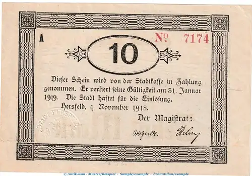 Notgeld Stadt Hersfeld , 10 Mark Schein in kfr.E , Geiger 231.06.a von 1918 , Hessen Grossnotgeld