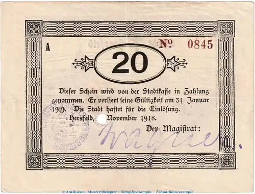 Notgeld Stadt Hersfeld , 20 Mark Schein in gbr.E , Geiger 231.07 von 1918 , Hessen Grossnotgeld