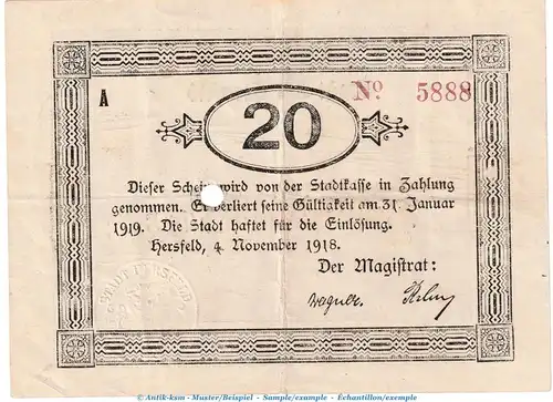 Notgeld Stadt Hersfeld , 20 Mark Schein in gbr.E , Geiger 231.08.b von 1918 , Hessen Grossnotgeld