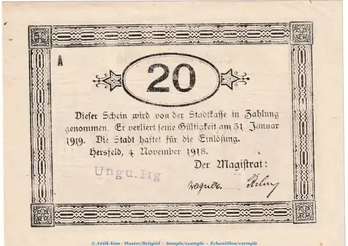 Notgeld Stadt Hersfeld , 20 Mark Schein in kfr.E , Geiger 231.08.c von 1918 , Hessen Grossnotgeld