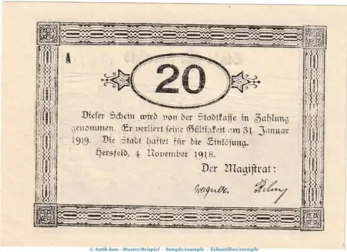 Notgeld Stadt Hersfeld , 20 Mark Schein in kfr. Geiger 231.08.c von 1918 , Hessen Grossnotgeld