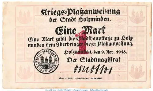 Notgeld Stadt Holzminden , 1 Mark Schein in gbr. Geiger 242.01 von 1918 , Niedersachsen Grossnotgeld