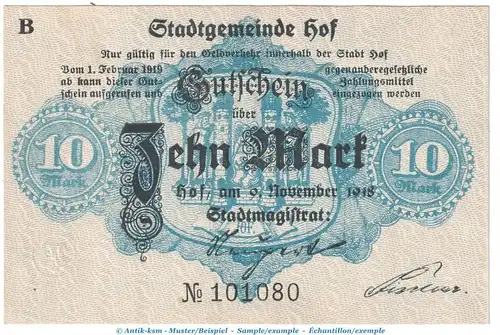 Notgeld Stadt Hof , 10 Mark Schein in kfr. Geiger 239.05 von 1918 , Bayern Grossnotgeld