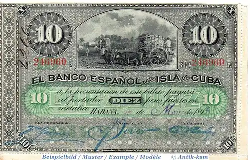 Banknote Kuba , 10 Pesos Schein in kfr. P.49.b ? , von 1896 , Banco Espanol de Cuba