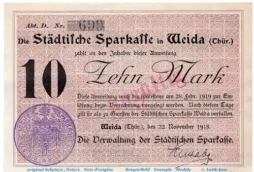 Banknote Sparkasse Weida , 10 Mark Schein in kfr.E , Geiger 541.01 , von 1918 , Thüringen Großnotgeld
