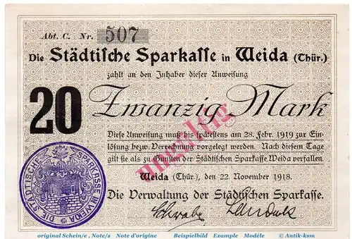 Banknote Sparkasse Weida , 20 Mark Schein in kfr.E , Geiger 541.02 , von 1918 , Thüringen Großnotgeld