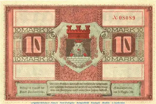 Banknote Stadt Zeulenroda , 10 Mark Schein in kfr. Geiger 576.07.b , von 1918 , Thüringen Großnotgeld