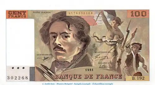 Banknote Frankreich , 100 Francs -kleines Wasserzeichen- in kfr. P.154 , von 1991 , Banque de Franc