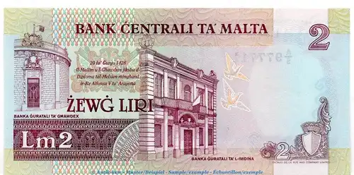Banknote Malta , 2 Liri Schein in kfr. P.41 von 1967 , Bank centrali ta Malta