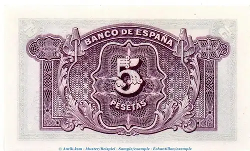 Banknote Spanien , 5 Pesetas Schein 1935 -Woman at left- unc-kfr WPM.85