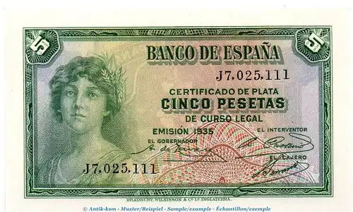 Banknote Spanien , 5 Pesetas Silver Certificate in kfr. P.85 , von 1935 , Banco de Espania