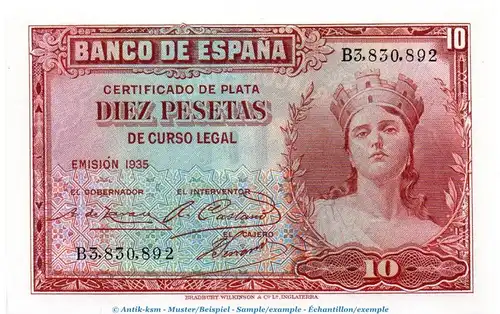 Banknote Spanien , 10 Pesetas Silver Certificate in kfr. P.86 , von 1935 , Banco de Espania
