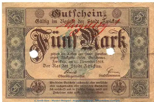 Notgeld Stadt Zwickau , 5 Mark Schein in gbr.E. Geiger 583.01 von 1918 , Sachsen Großnotgeld