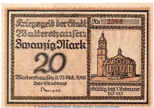 Notgeld Stadt Waltershausen , 20 Mark Schein in kfr. Geiger 538.02 von 1918 , Sachsen Großnotgeld