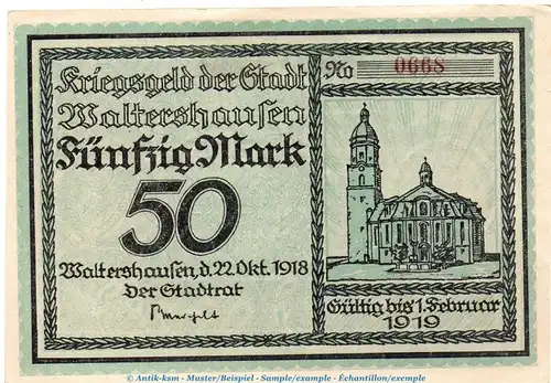 Notgeld Stadt Waltershausen , 50 Mark Schein in kfr. Geiger 538.03 von 1918 , Sachsen Großnotgeld
