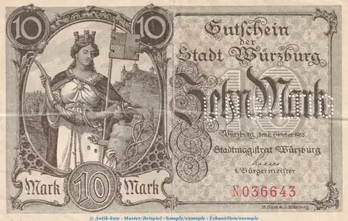 Notgeld Stadt Würzburg , 10 Mark Schein in gbr.E , Geiger 573.04.a von 1918 , Bayern Großnotgeld