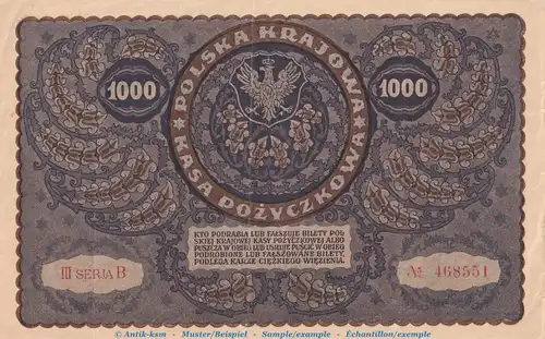 Banknote Polen , 1.000 Marek Schein in L-gbr. P.26 , von 1919 , Polish State Loan Bank