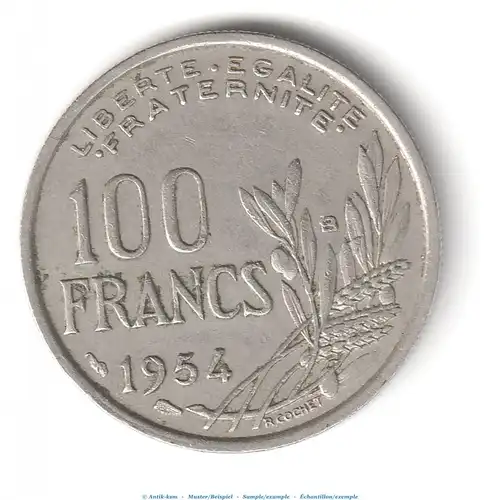 Münze Frankreich , 100 Francs von 1954 B , Cochet , ss - vz , Republique Francaise