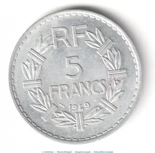 Münze Frankreich , 5 Francs von 1949 , Lavrillier aluminium , Republique Francaise