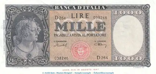 Banknote Italien , 1.000 Lire Schein in kfr. P.88.b , 11.02.1949 , Bank of Italy