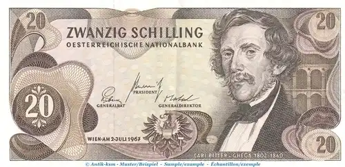Banknote Österreich , 20 Schilling Schein in gbr. P.142 , von 1967 , Österreichische Nationalbank