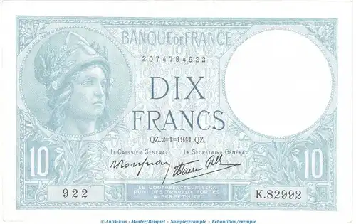 Banknote Frankreich , 10 Francs Schein in kfr. P.84 , von 1941 , Banque de France
