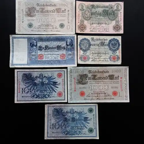 Lot deutsches Kaiserreich, 7 Scheine,  Banknoten, alles verschiedene, gute gebrauchte Erhaltung, Set