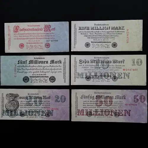 Lot deutsche Inflationszeit, 6 Scheine,  Banknoten, 500.000 bis 50 Millionen Reichsmark, gute gebrauchte Erhaltung, Set