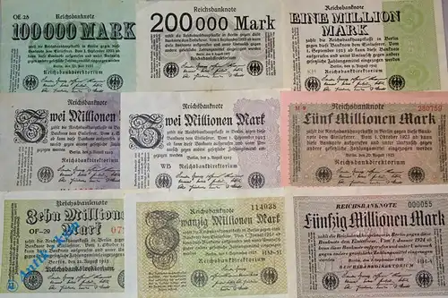Lot deutsche Inflationszeit, 9 Scheine,  Banknoten, 100.000 bis 50 Millionen Reichsmark, gute gebrauchte Erhaltung, Set
