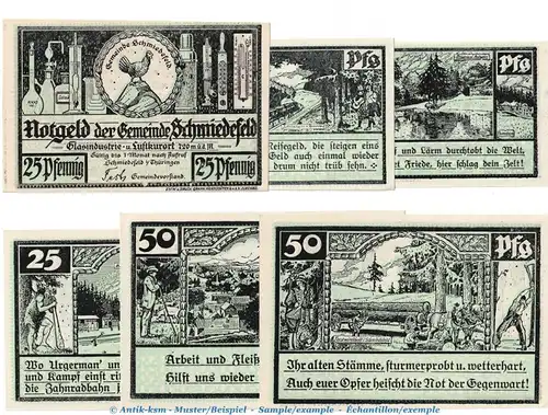 Notgeld Stadt Schmiedefeld 1187.1 , Set mit 6 Scheinen in kfr. o.D. Thüringen Seriennotgeld