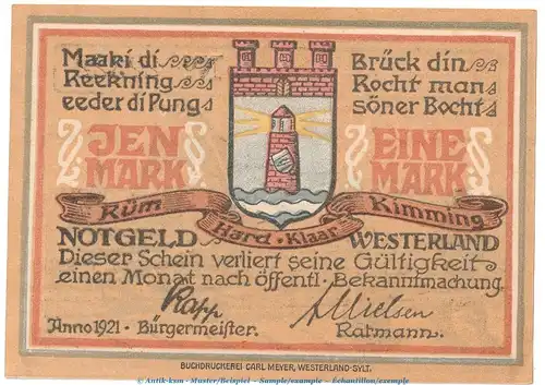 Notgeld Stadt Westerland Sylt 1418.2 , 1 Mark Schein in kfr. von 1921 , Schleswig Holstein Seriennotgeld