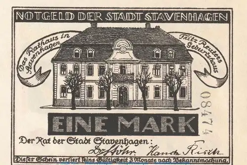 Notgeld Stadt Stavenhagen 1257.1.a , 1 Mark Schein mit Kennummer in kfr. o.D. Mecklenburg Vorpommern Seriennotgeld