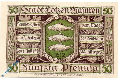 Notgeld Lötzen , 50 Pfennig Schein , Kn rot , Mehl Grabowski 814.1 , von 1920 , Ostpreussen Seriennotgeld