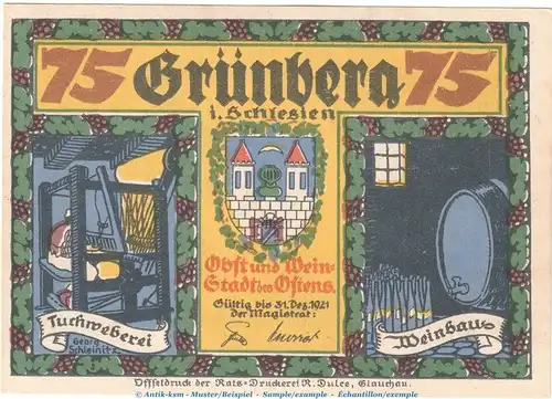 Notgeld Stadt Grünberg 489.2.b , 75 Pfennig Nr.5 -Dünn- in kfr. o.D. Schlesien Seriennotgeld
