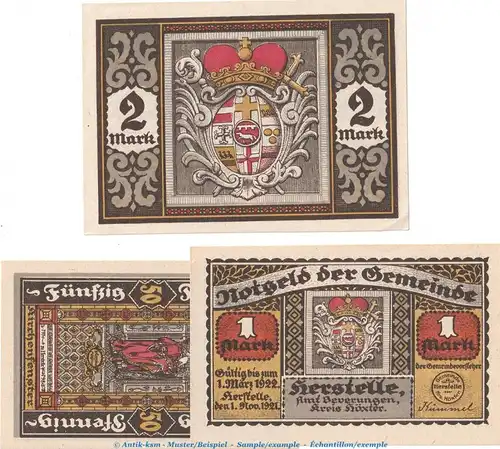Notgeld Gemeinde Herstelle 604.1-2 , Set mit 3 Scheinen in kfr. von 1921 , Westfalen Seriennotgeld