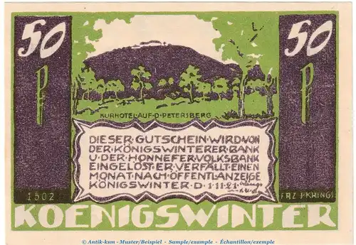 Notgeld Bank Königswinter 730.1 , 50 Pfennig Nr.5 --1502-- in kfr. von 1921 , Westfalen Seriennotgeld